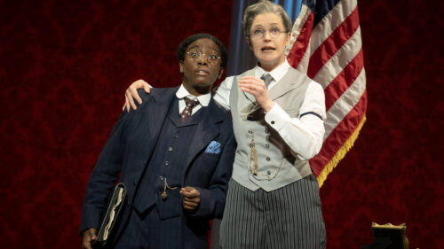 Tsilala Brock and Grace McLean as Dudley Malone and President Woodrow Wilson